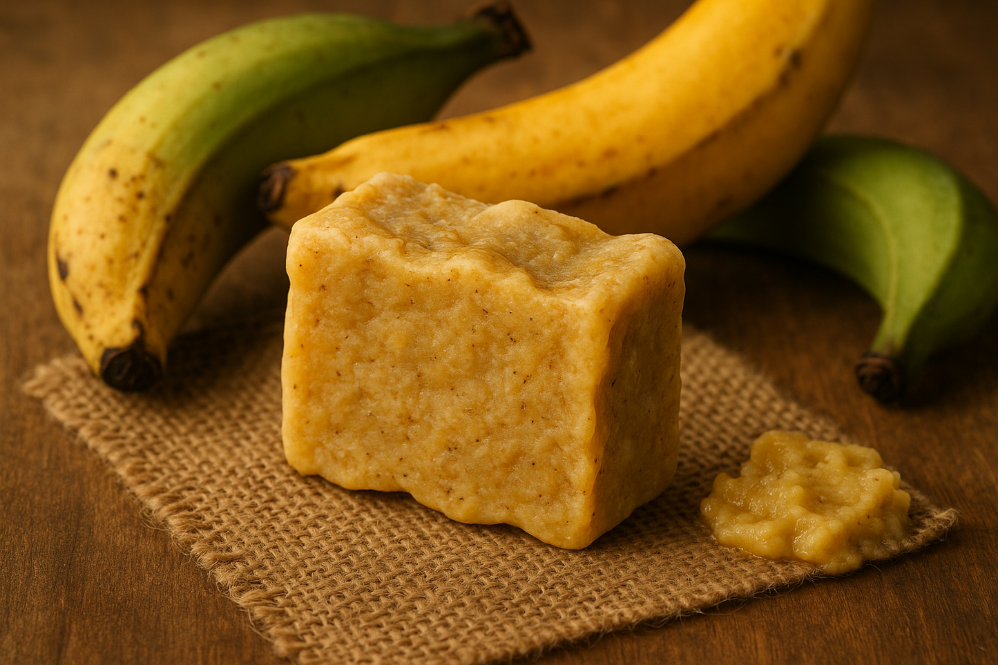 Organic-looking plantain soap with natural, rustic appearance
