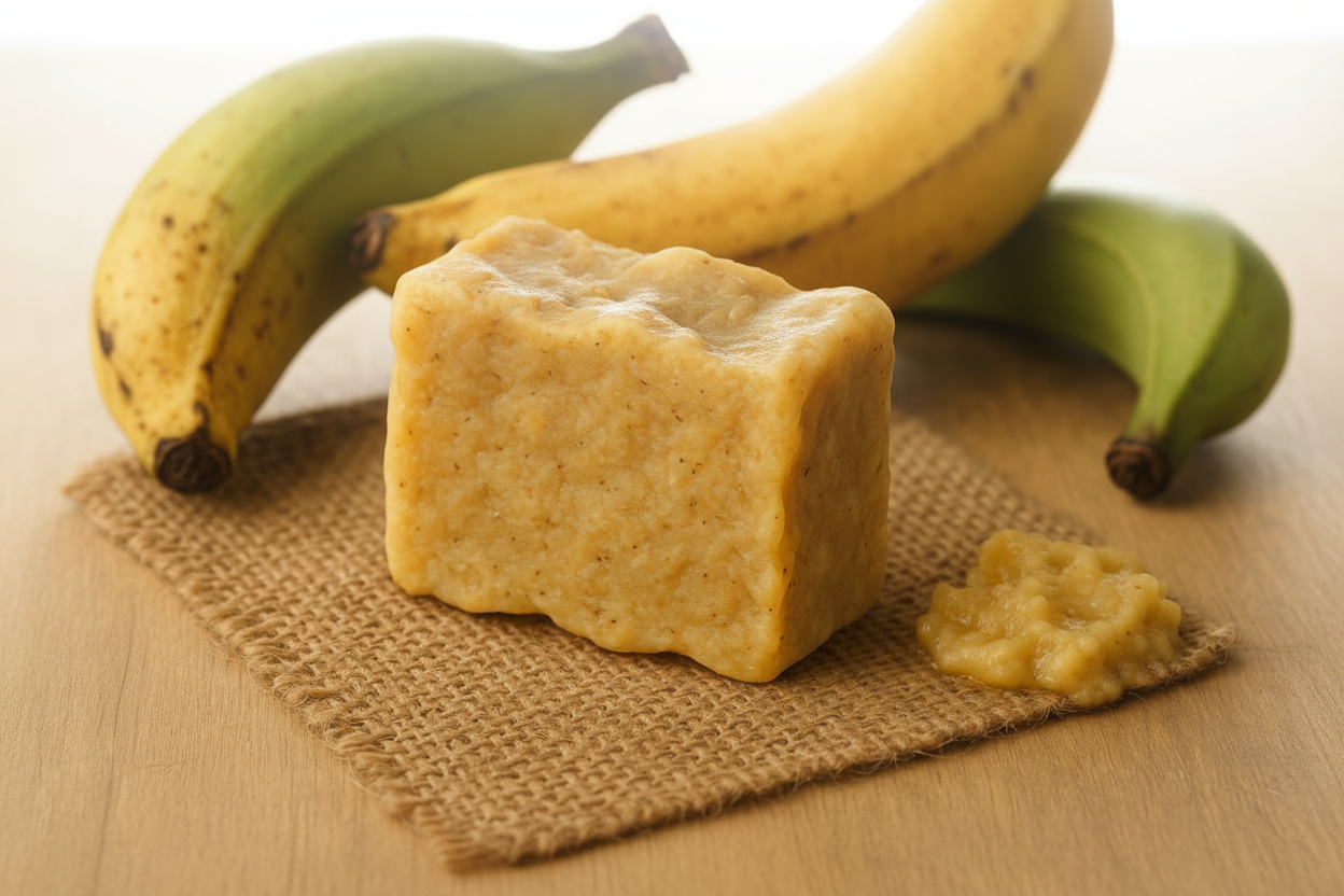 Organic-looking plantain soap with natural, rustic appearance