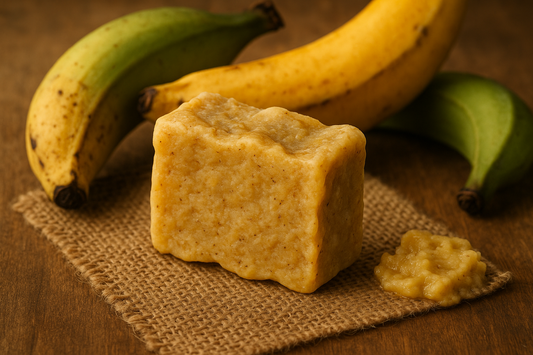 Organic-looking plantain soap with natural, rustic appearance