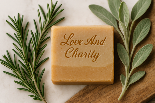 Rosemary and sage herbs with a tan and beige bar of soap stamped with "Love And Charity" in cursive