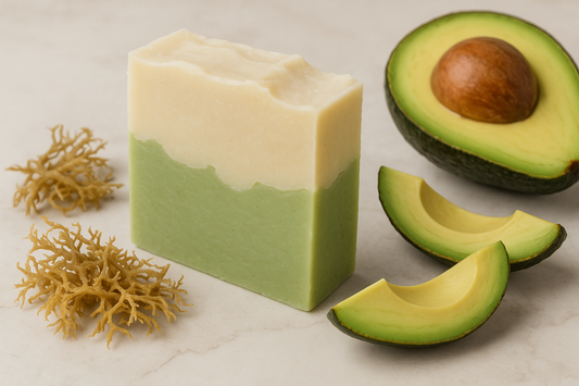 Sea moss and avocado soap with ivory on top and light green on bottom unevenly layered