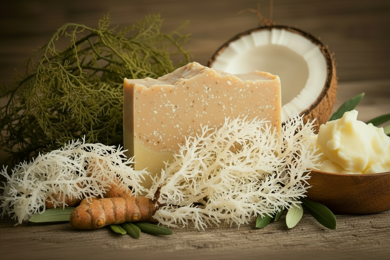 Sea Moss Turmeric Shea Soap with Off-White Sea Moss